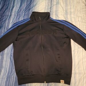 Reebok Men's Black Zip-Up Sweater with Blue Stripes